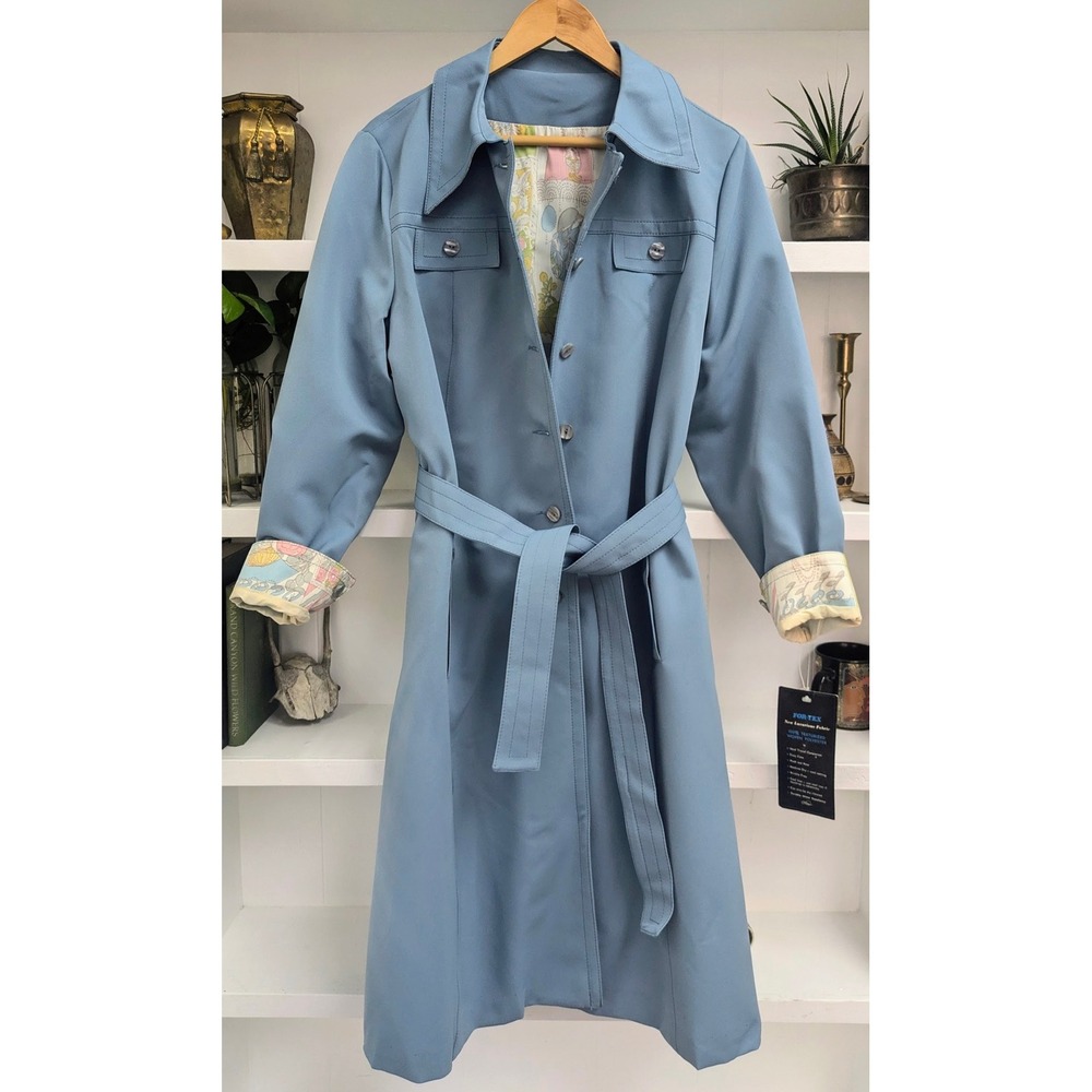 Vintage Forecaster Baby Blue Trench Coat Art Deco Print Lining Belted L/XL